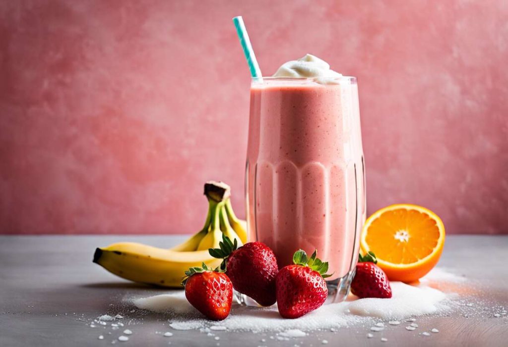 Recette facile de smoothie : fraises en poudre, bananes et oranges